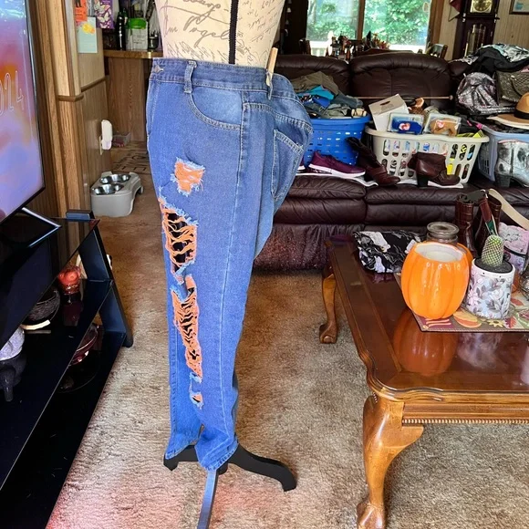 High Rise Jeans for Women Trendy 90s Denim Straight Leg Jeans orange thread rips - Picture 4 of 16